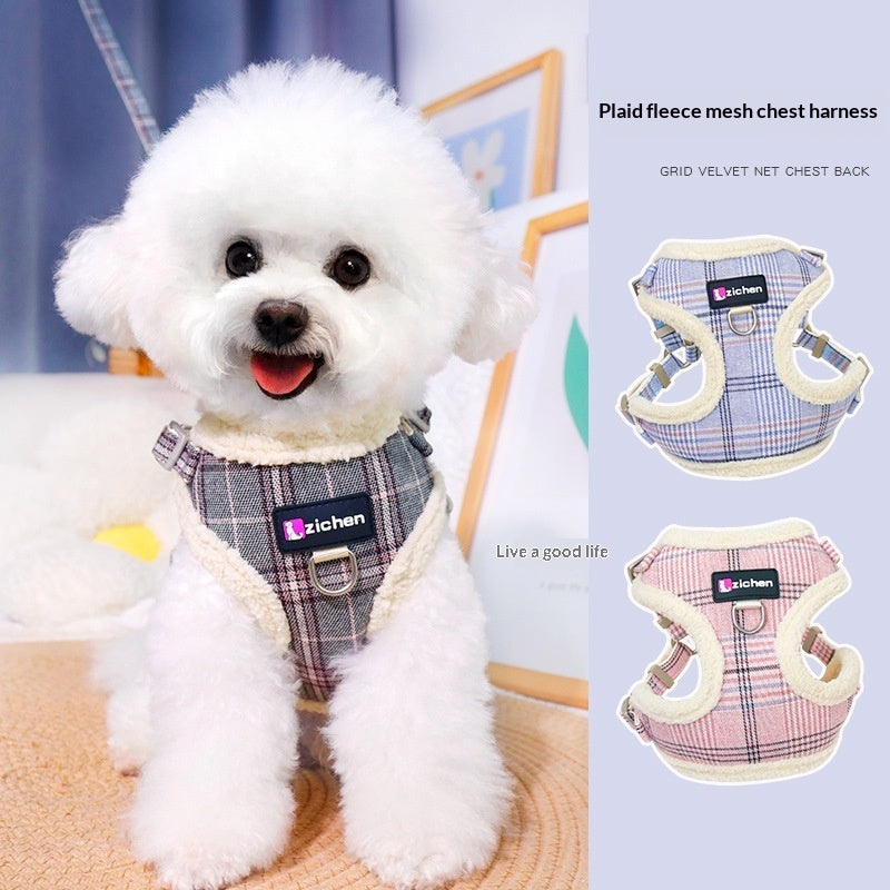 Dog Leash Vest With Plaid And Fleece Lining