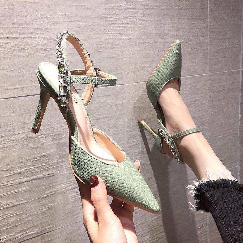 Pointed Toe Sandals Fashion Stiletto Heel Rhinestone Snake Pattern