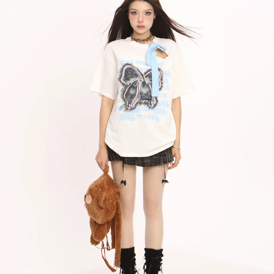 Sweet Cool Bow Patch Short Sleeve Summer Irregular
