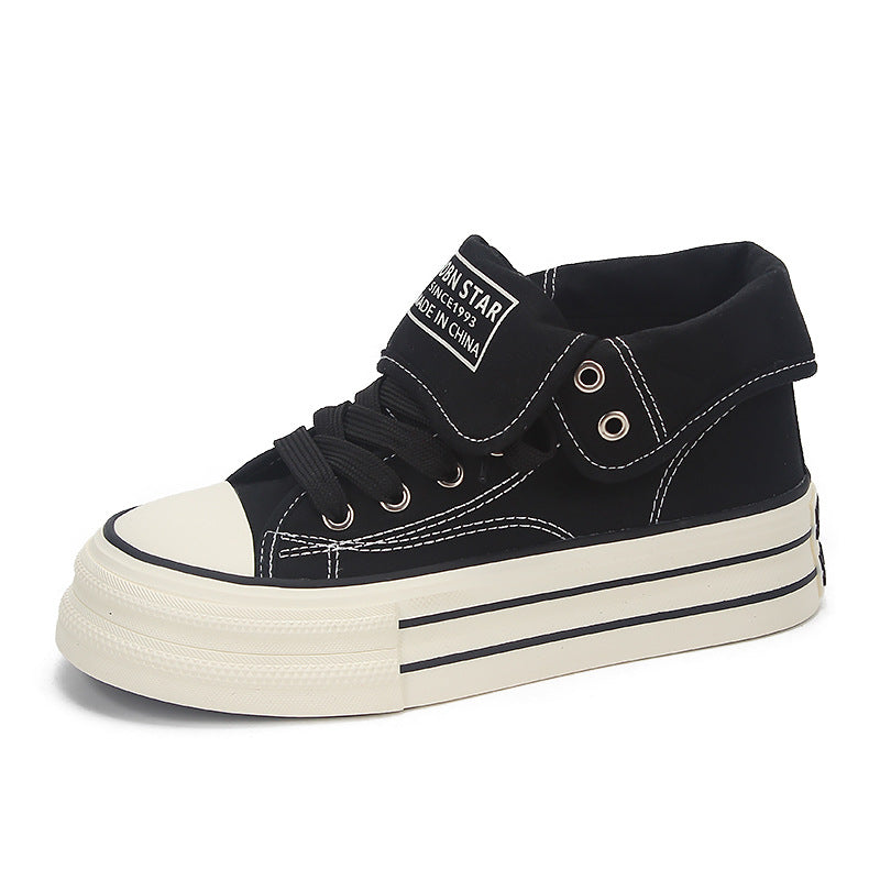 Womens Thick-Soled High-Top Canvas Shoes Black All-Match Sports Casual Sneakers With Height-Boosting Sole