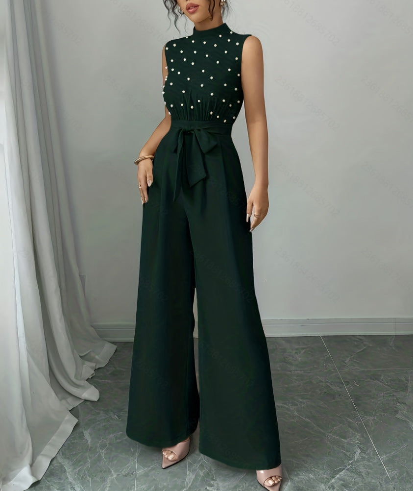 Black Polka Dot Sleeveless Wide-leg Jumpsuit With Round Neck