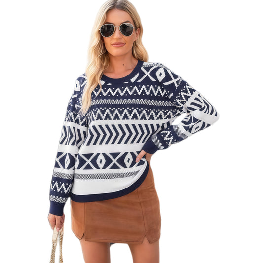 Intellectual Style Unique Long Sleeve Round Neck Knitted Sweater