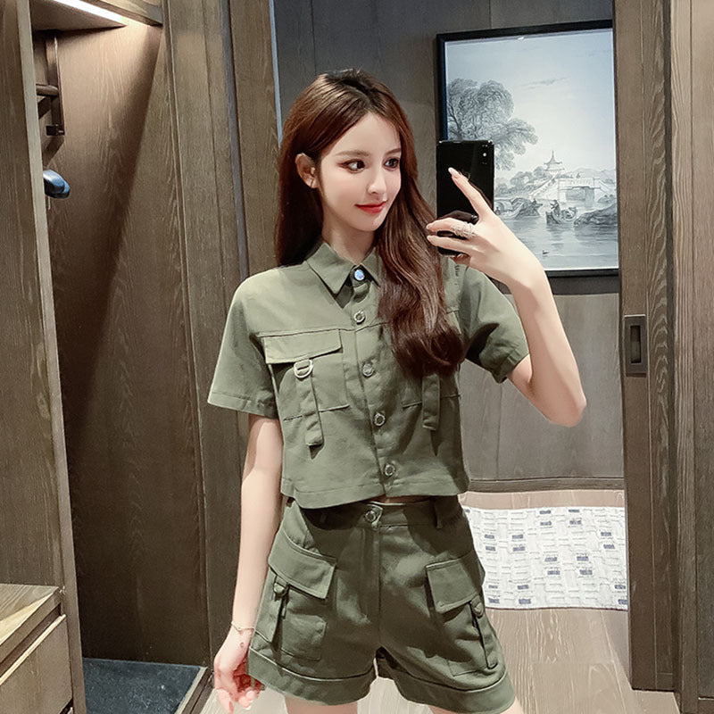 All-matching Work Clothes Style Short Sleeve Jacket Wide Leg Shorts