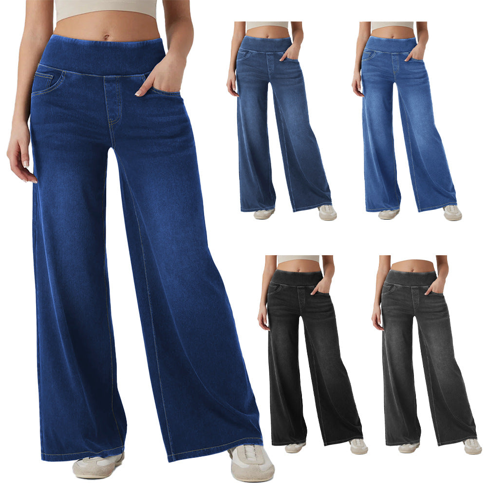High-waisted Loose-fit Stretchy Wide-leg Jeans For Women