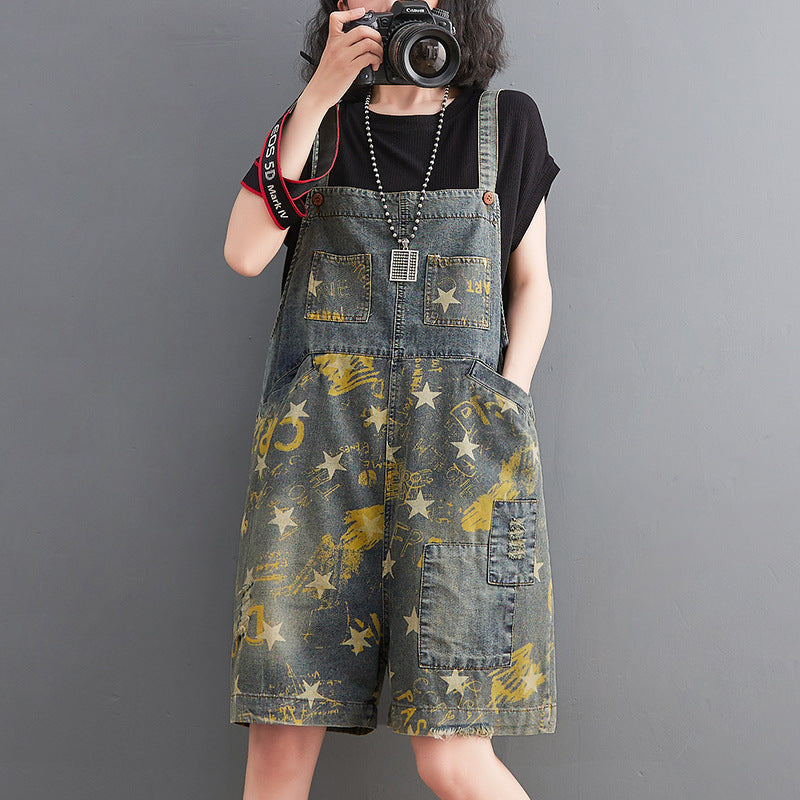 Fat Sister Nostalgic Pentagram Print Denim Bib Shorts
