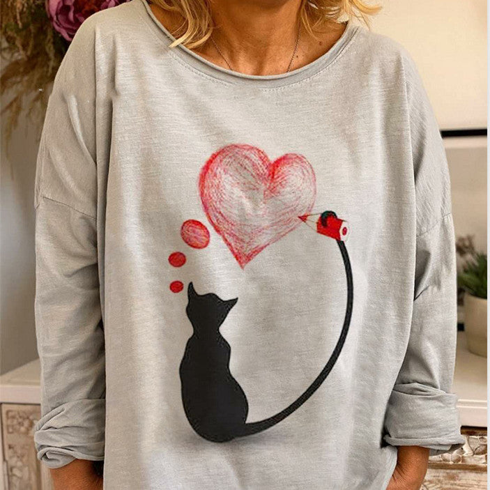 Europa Og USA Udenrigshandel Løs Dynamisk Print Mønster T-shirt Sweater Dame