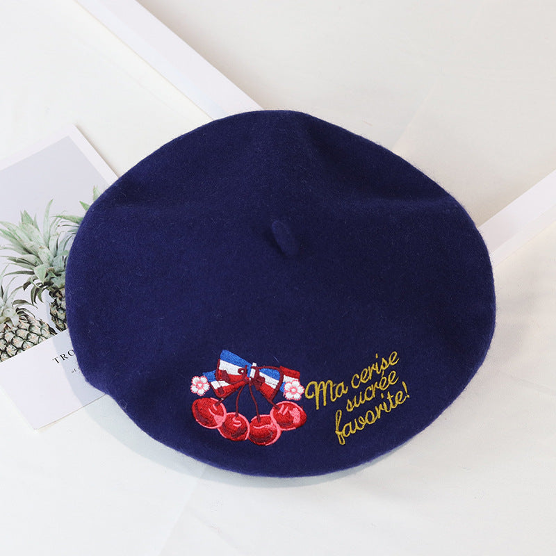 Stitched Ins Style Wool Knit Beret Women's Embroidered Hat