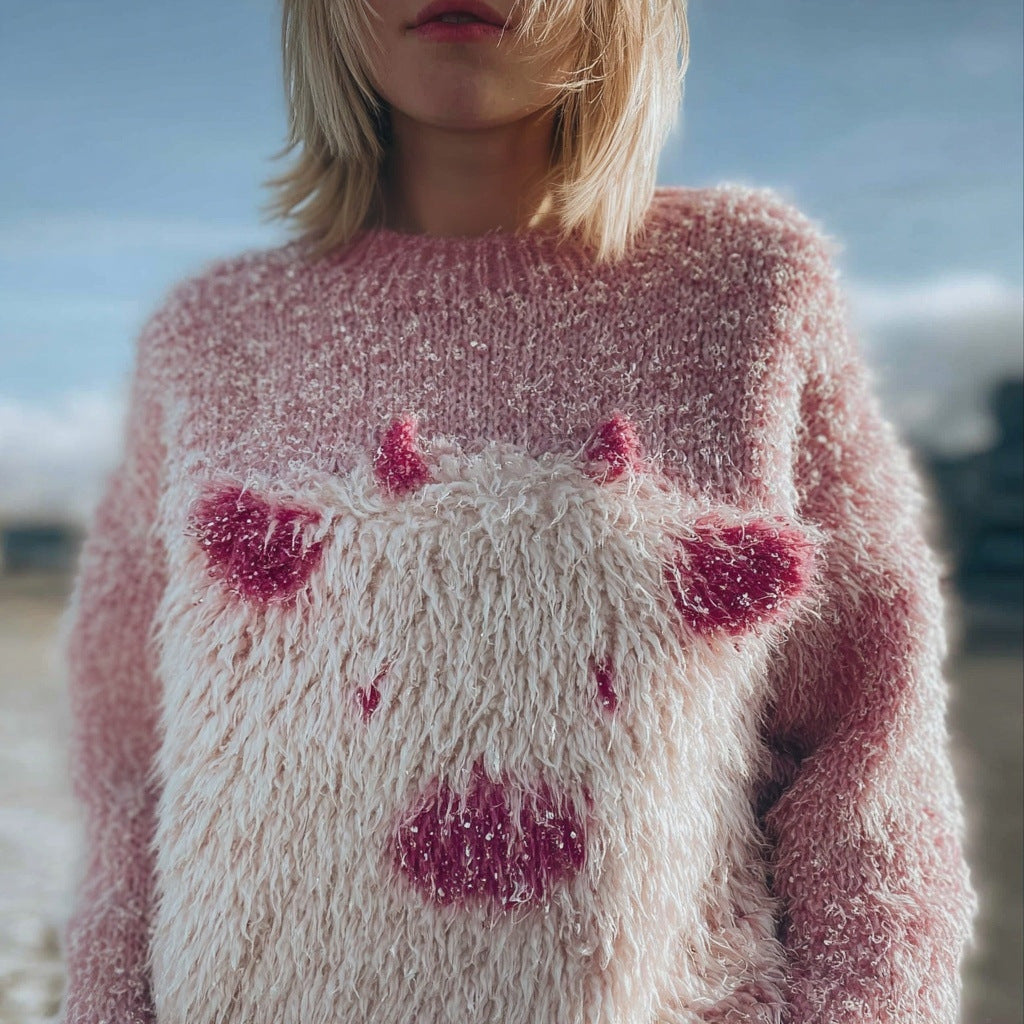 Womens 3D Digital-print Crew-neck Loose Sweater