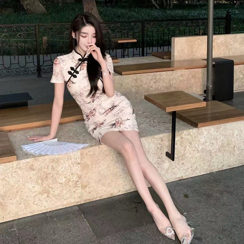 Printed Cinched-waist Slimming Short Chinese-style Dress