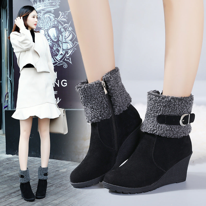 Ladies Wedge Suede Side Zip Mid Boots