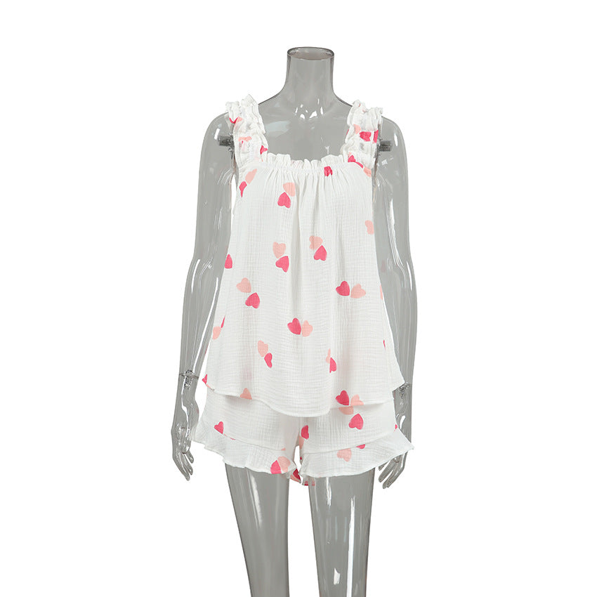 Pure Cotton Sweet Printed Ruffle-Trim Cami Shorts Two-Piece Set