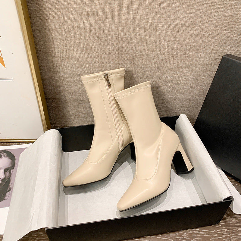 Women's But Knee Square Toe High-heeled High-tube Mid-tube Thick-heeled Short-tube Elastic Boots
