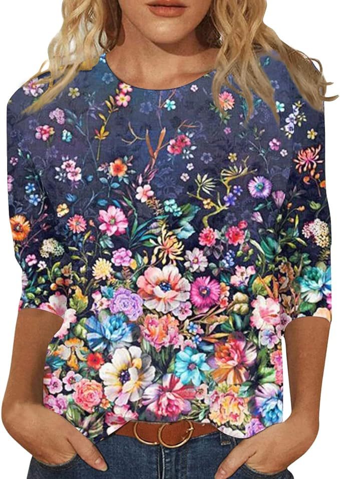Women's Top Three-quarter Sleeve Summer Ethnic Floral Slim Fit Cute Top Round Neck Slim Fit Printed T-shirt