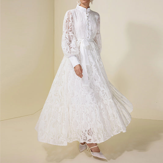 Lantern-sleeve Lace White Elegant Fashion Dress