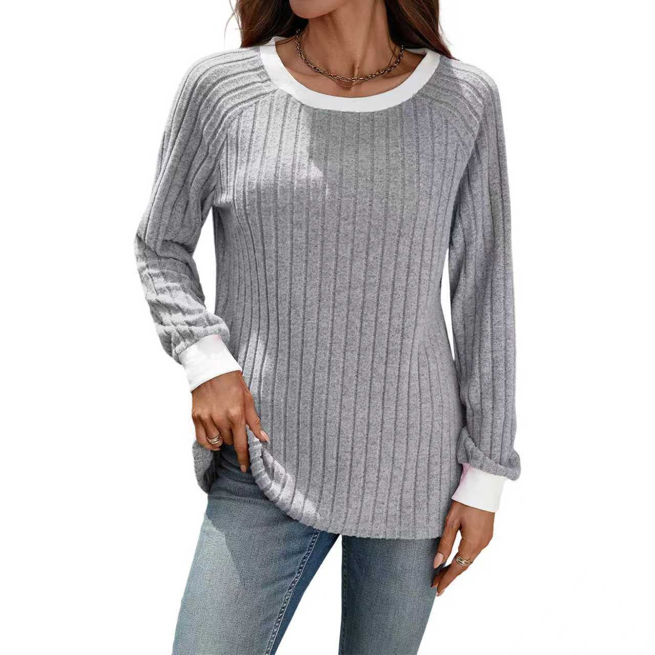 European And American Autumn And Winter Round Neck Contrast Color Long Sleeves Sunken Stripe T-shirt