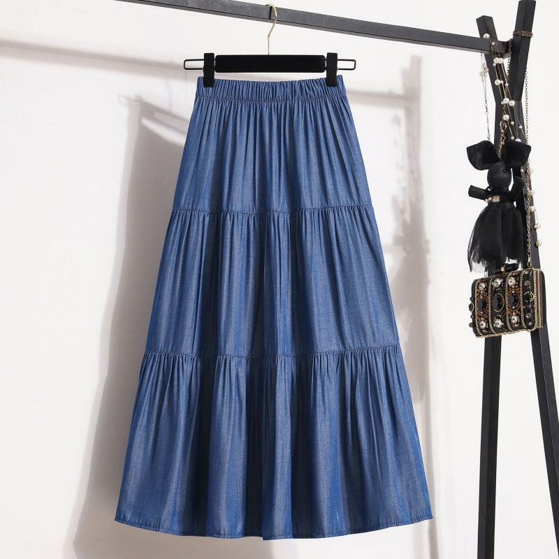 Elastic Waist Ice Silk Denim Skirt For Women
