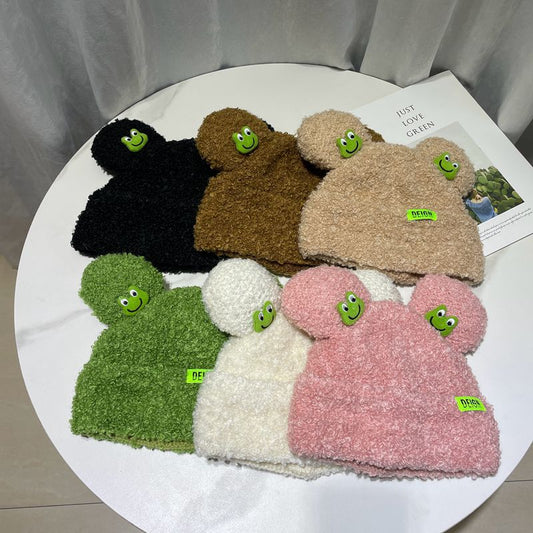 Japanese Cartoon Cute Frog Lambswool Bun Head Hat