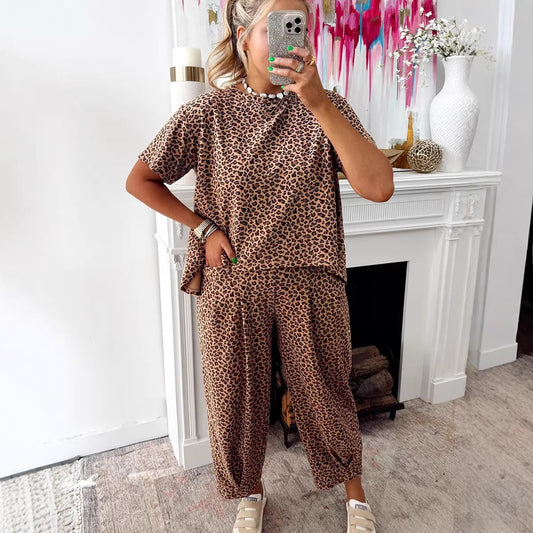 Womens Leopard-print Loose Top And Pants Two-piece Set