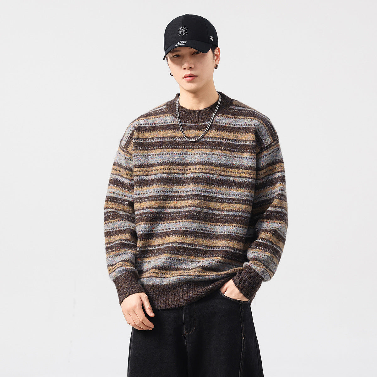 Herre Løstsiddende Retro Striktrøje Rund Hals Stribet Sweater