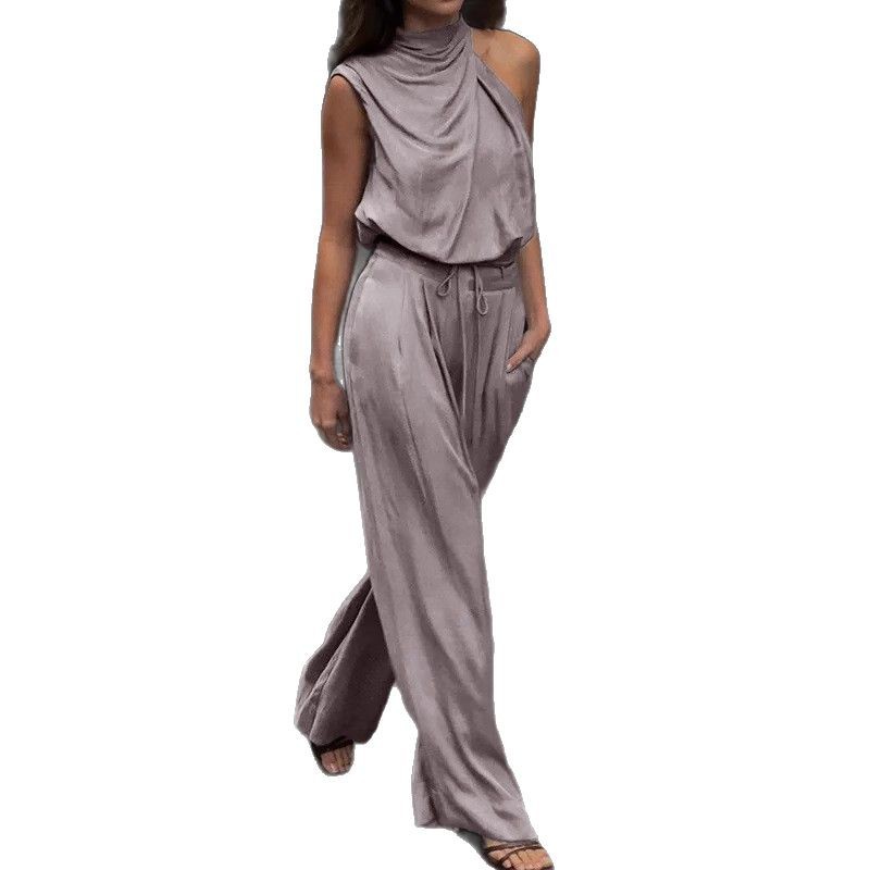Womens Fashion Solid Color Turtleneck Sleeveless Top High-Waist Straight-Leg Wide-Leg Pants Set