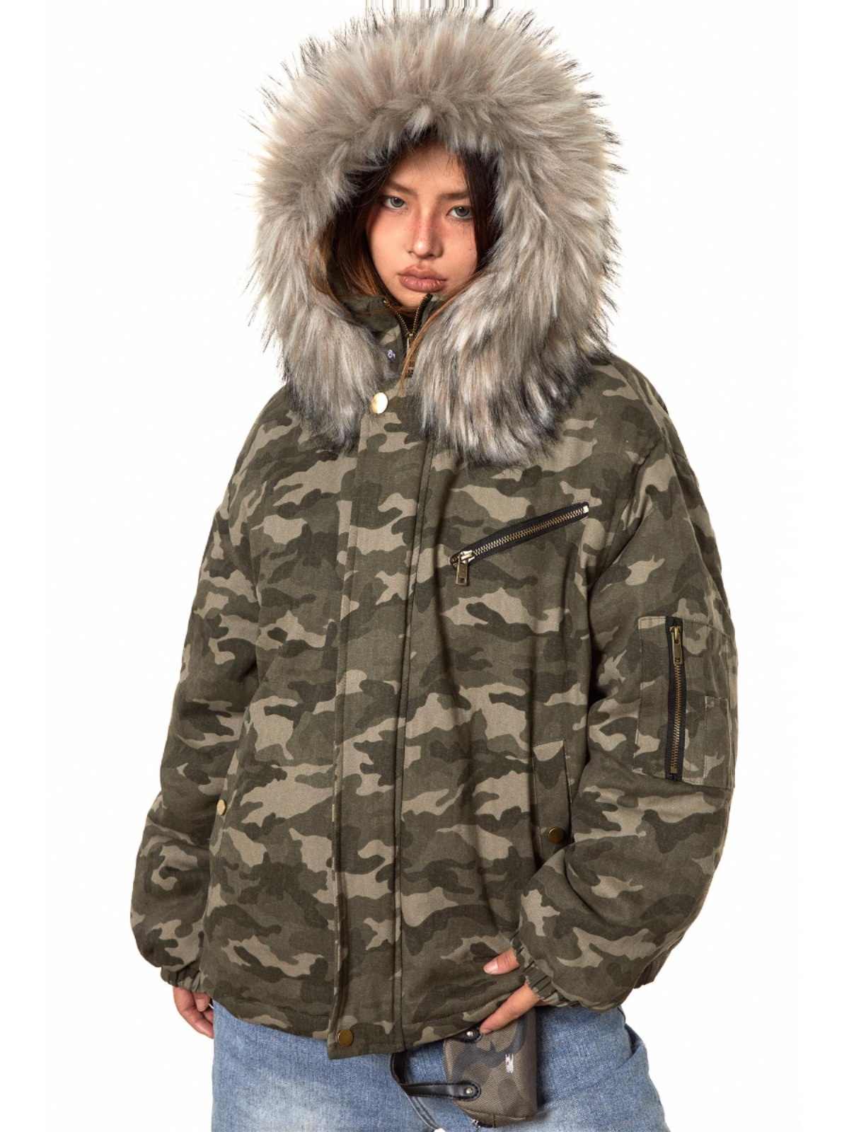 Hooded Loose Camouflage Fur Collar Detachable Cotton Jacket