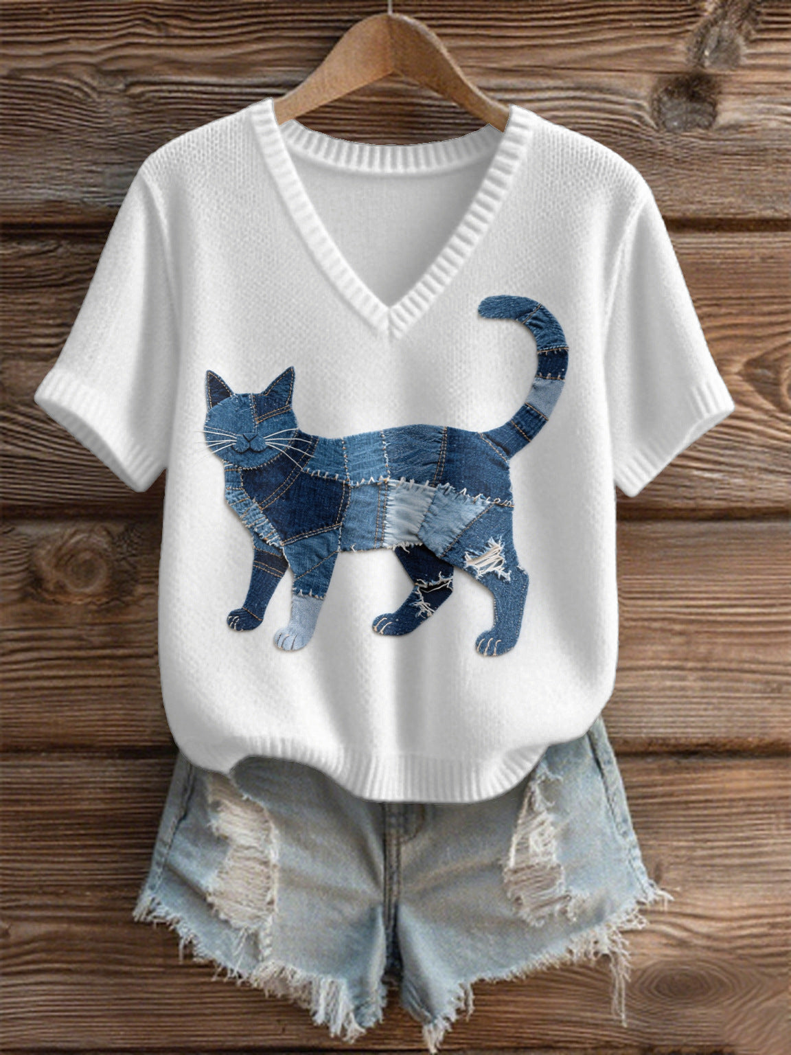 Imitation Sweaters Women's Clothing Short Sleeve V-neck Loose Top