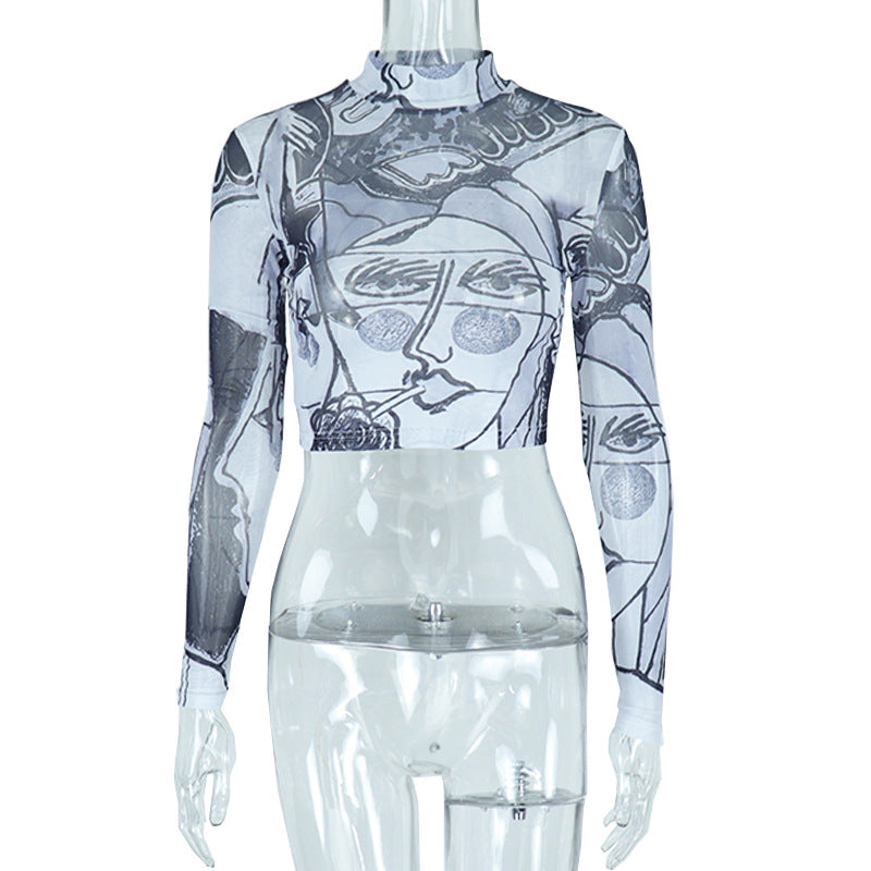 Sheer Mesh Round Neck Long Sleeve Slim-fit Top