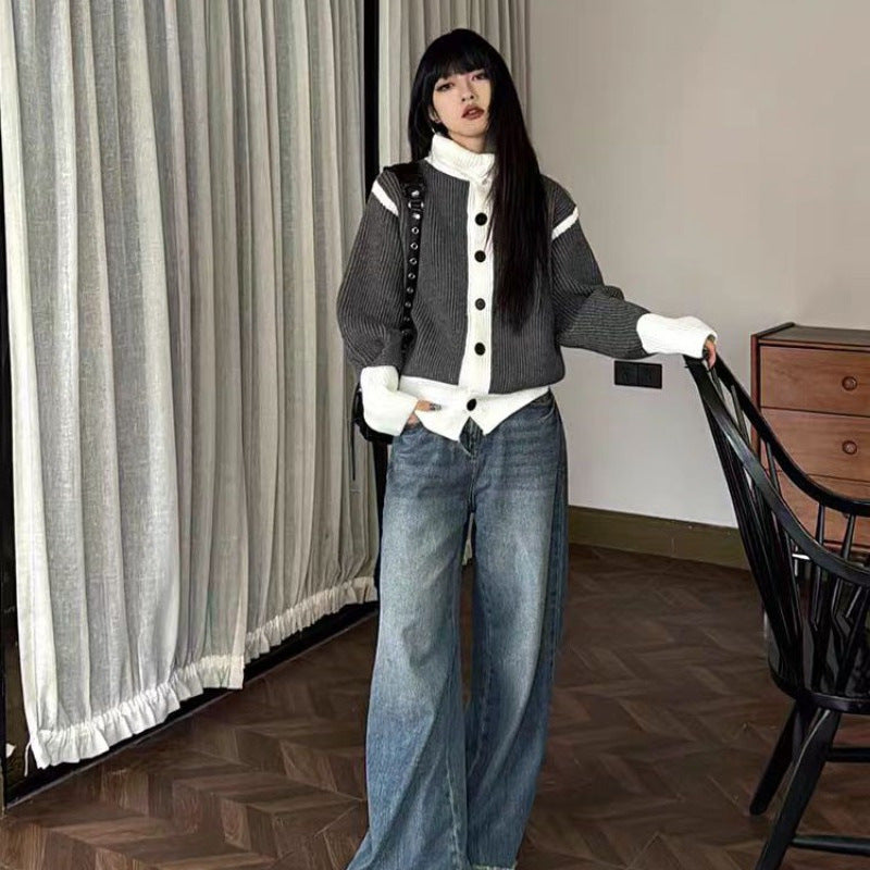 Design Sense Niche Contrast Color Thick Knit Cardigan Coat