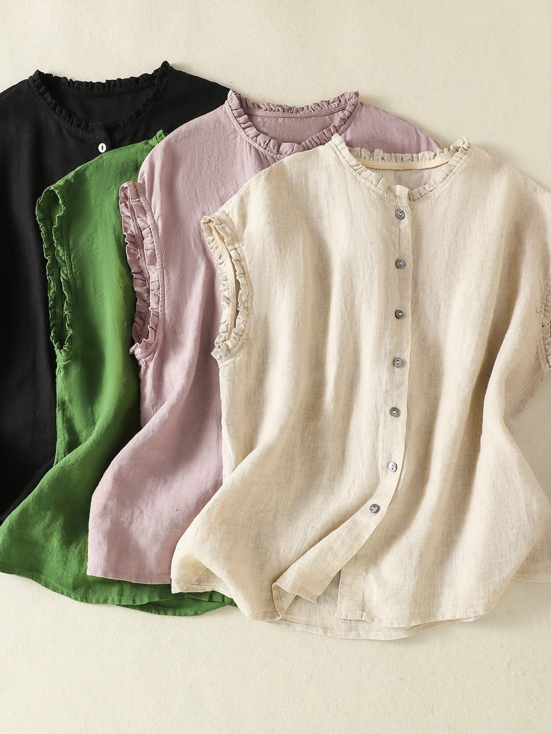 Womens Ruffle-Trimmed Cotton-Linen Sleeveless Shirt