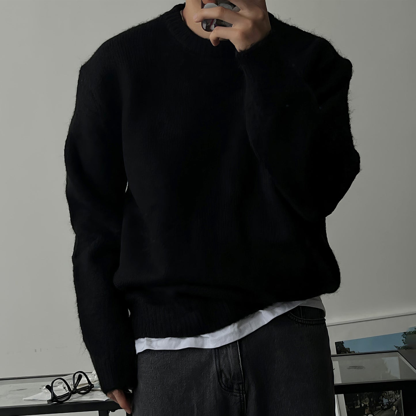 Solid Color Drop-shoulder Round Neck Sweater Men's Warm Thickened Sweater