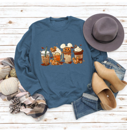 Christmas Latte European American Fashion Floral Print Round Neck Sweater