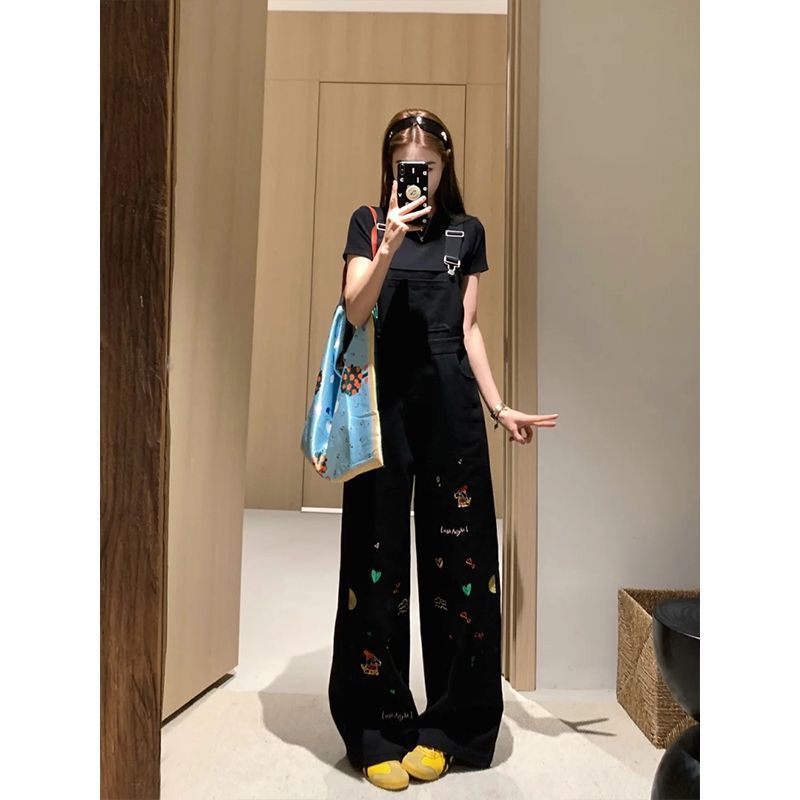 Women's High-Waisted Loose Cartoon-Embroidered Suspender Pants