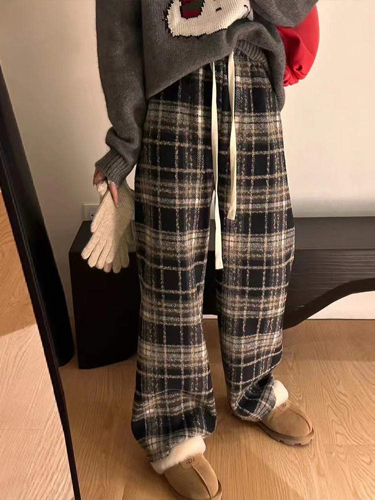 Christmas Red Wool Fleece-lined Lattice Loose Pants