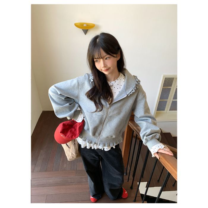 Gray Hooded Sweatshirt With Wood Ear Lace Jacket For Women