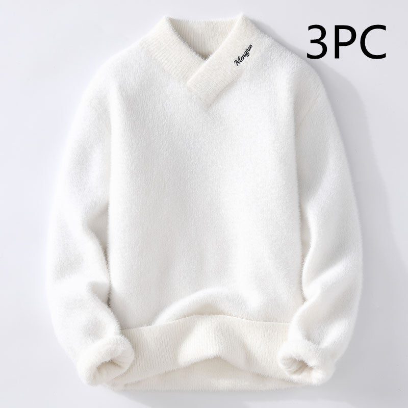 Autumn And Winter Crystal Mink Velvet Trendy Korean Style Half Turtleneck Knitted Sweater For Men
