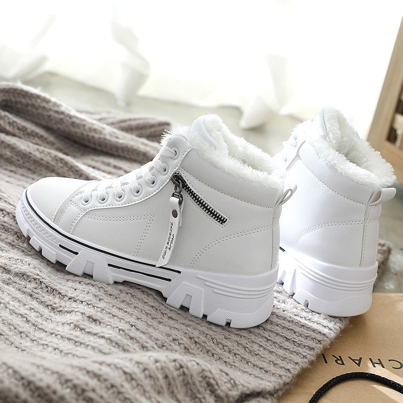 High-top Leather Martin Short Boots Plus Velvet White Cotton