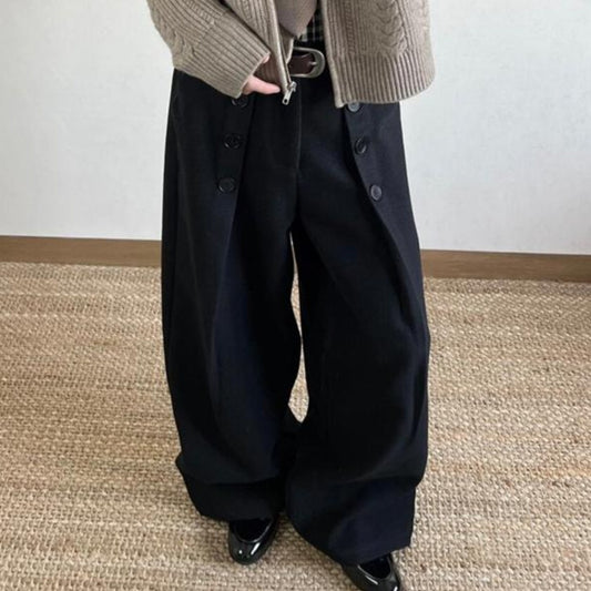 American Retro Black Button Pleated Suit Pants