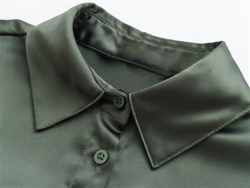 Fashion Silk Satin Textured Shirt Wide Leg Pants