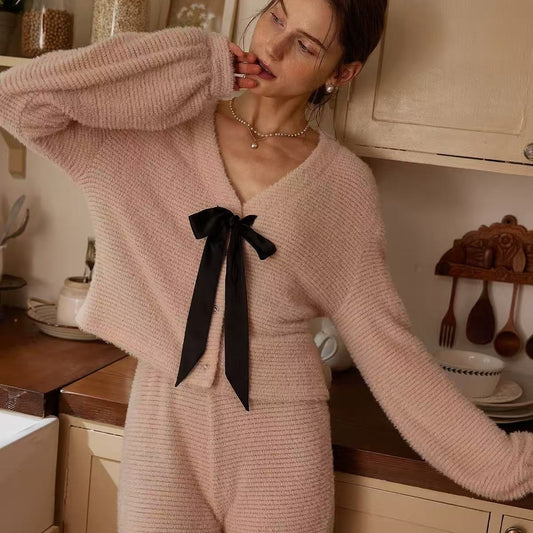 Womens Chic And Gentle Bow-Knot Mink Wide-Leg Pants Suit