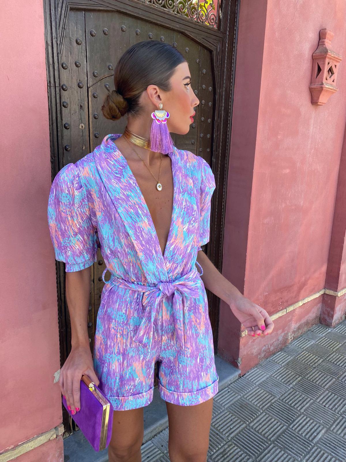 Bubble sleeved short sleeved printed waistband elastic jumpsuit
