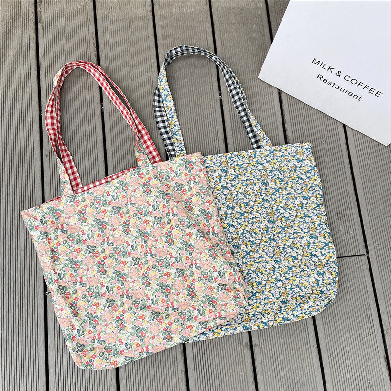 Women's Plaid Floral Stitching Canvas Bag