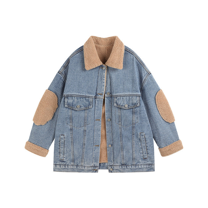 Denim Lamb Wool Loose Stitching Design Plus Velvet Cotton Jacket