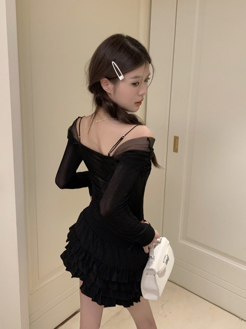 French Mesh Off-shoulder Long Sleeve Top