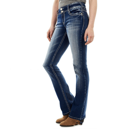 Figursyede jeans med vasket look og broderi til kvinder