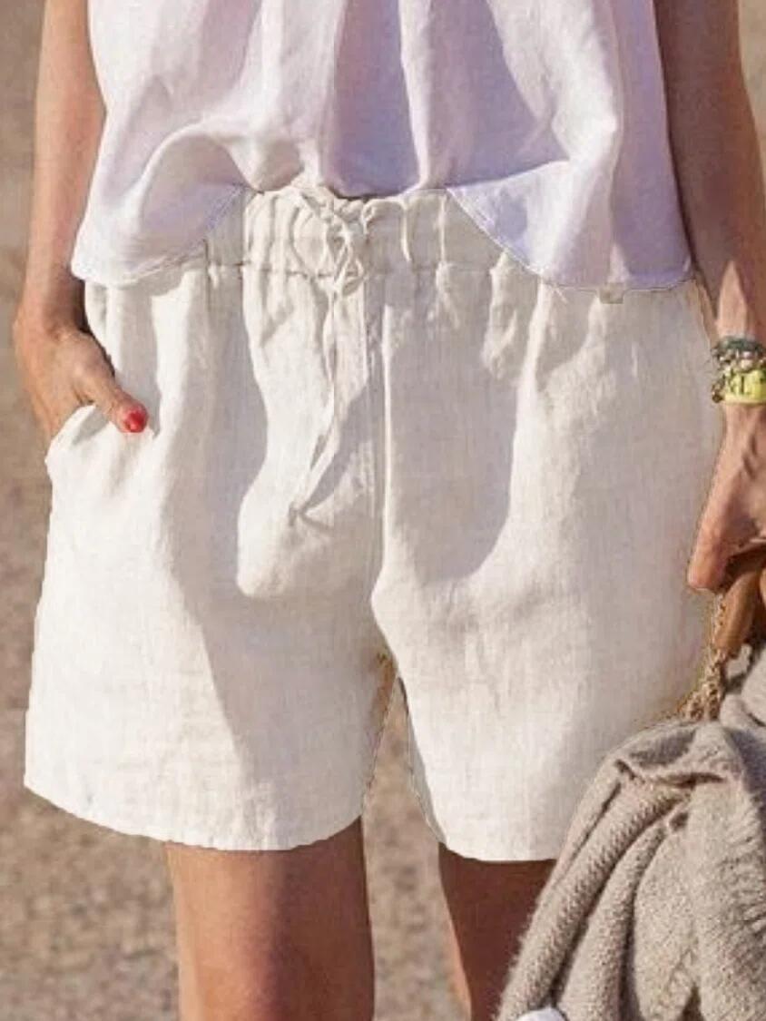 Solid-color Loose Cotton-linen Casual Pants Elastic Waistband With Tie-string Shorts