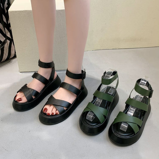 Thick-soled Heightened Roman Shoes Retro Round Head Thin Belt Buckle Sandals