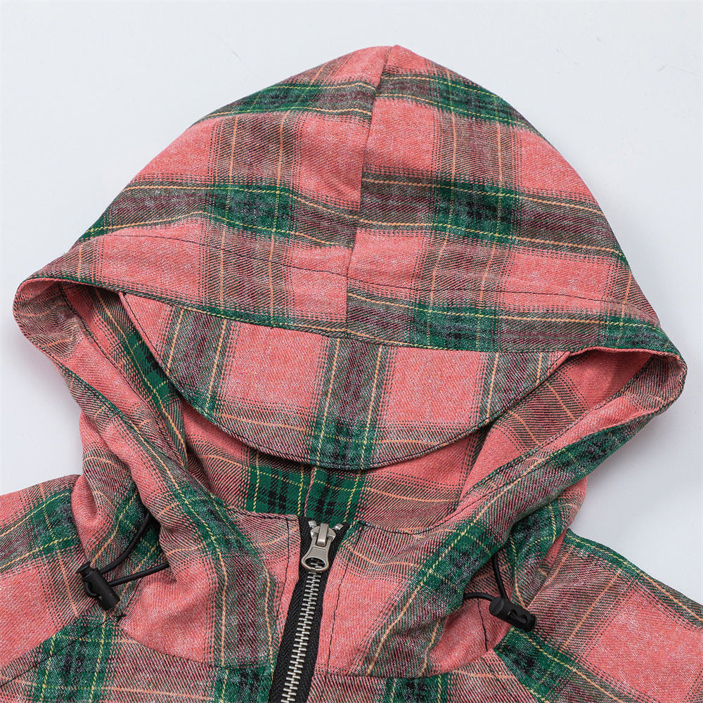 European And American Style Plaid Long Sleeve Hooded Shirt Coat