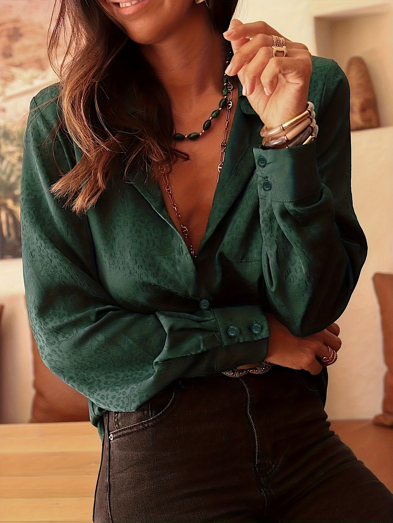 Women's Collarless Business Long-sleeve Shirt
