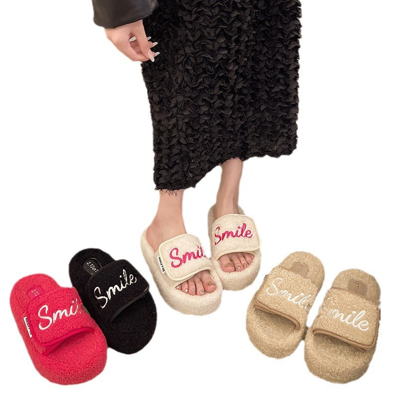 NEW Velcro Letters Thick Bottom Fluffy Slippers Women's Outer Wear
