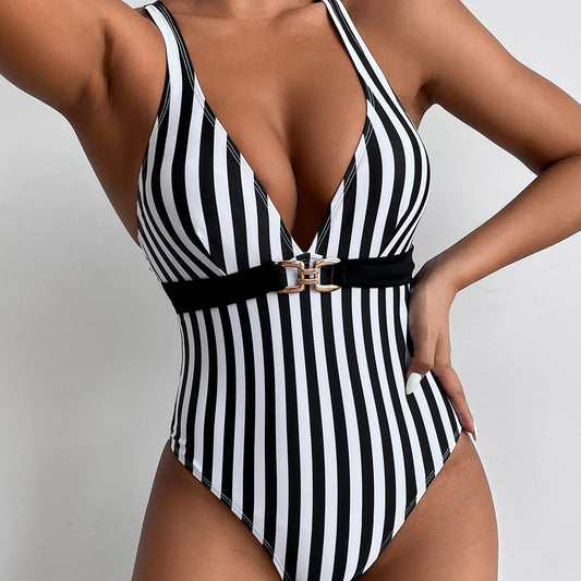 Black And White Striped One-piece Swimsuit Bikini